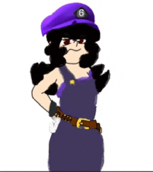 a cartoon character wearing a purple hat and overalls .