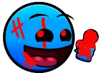 a blue smiley face with red eyes and blood coming out of its mouth
