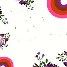 a sign with arabic writing on it is surrounded by purple and pink flowers