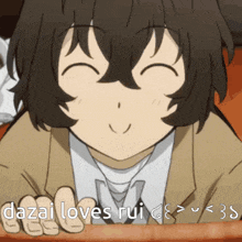 a close up of a person 's face with the words dazai loves rui written below it .