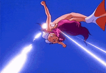 a girl with pink hair is flying through the air with her arms outstretched