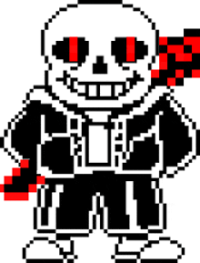 a pixel art of a skeleton with red eyes holding a red and black checkered sword .