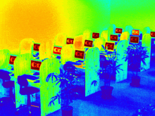 a row of cubicles with cc written on the front