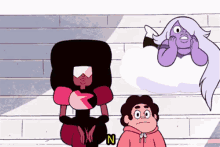 garnet and amethyst from steven universe are sitting next to each other