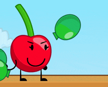a cartoon cherry with a green stem and a green balloon behind it