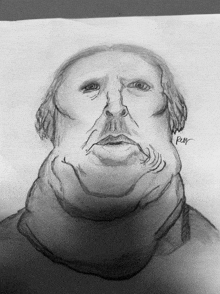 a black and white drawing of a man with a very large neck and the name peyr written on the bottom