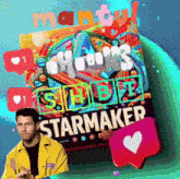 a man in a yellow jacket is standing in front of a starmaker poster