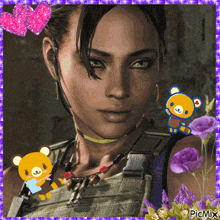 a picture of a woman is surrounded by purple flowers and pink hearts and has the word picmix on the bottom