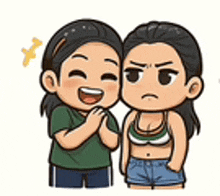 a cartoon of two girls standing next to each other . one of the girls is smiling and the other is angry .