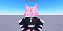 a person with pink hair and paw prints on their sleeves is standing in front of a screen that says bandcam.com