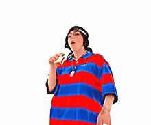 a woman wearing a red and blue striped shirt has a necklace with a tag that says ' google '