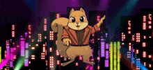 a cartoon squirrel is standing in front of a city skyline wearing a red jacket