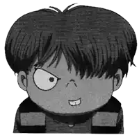 a black and white drawing of a boy with a big b on his face