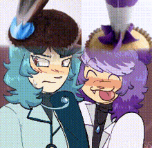 a couple of cartoon characters are standing next to each other and one of them is wearing a hat .