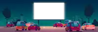 a row of cars are parked in a drive-in movie theater at night .