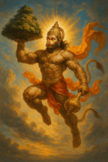 a painting of hanuman holding a tree and a torch