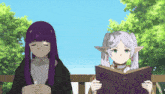a girl with purple hair is reading a book while a girl with white hair is reading a book