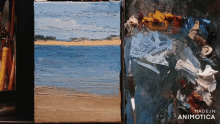 a painting of a beach with the words made in animotica on the bottom