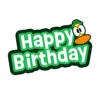 a green sign that says happy birthday with an orange duck on it