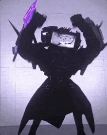 a black robot with a purple sword and a picture of a man on its head