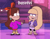 two cartoon girls are standing next to each other and the word basvivi is on the bottom