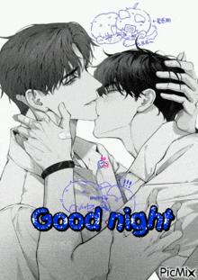 a black and white drawing of a man kissing another man with the words good night on it