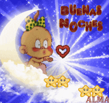 a baby blowing a kiss in front of a crescent moon with the words buenas noches written above it
