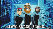 a cartoon of three monkeys in a store with the words snagglegang written below them