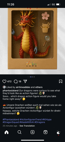 a phone screen shows a picture of a dragon in a cardboard box