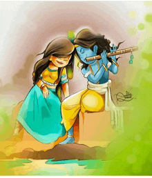 a painting of a boy and a girl playing a flute .