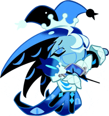 a blue cartoon character with a crown on his hat