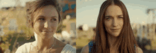 two women are standing next to each other and smiling at the camera