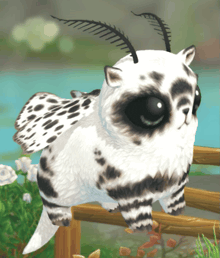 a black and white animal with horns is sitting on a fence