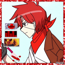 a cartoon of a man with red hair and a red scarf holding a spatula with blood on it