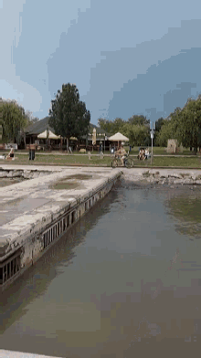 a person riding a bike on a dock next to a river
