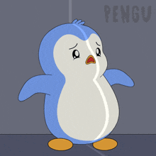 a penguin with a sad look on its face