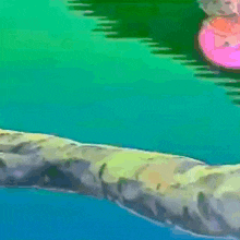 a little girl with purple hair is standing on a log