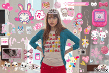 a girl with a crown on her head is surrounded by stickers and a picmix logo