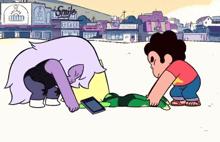 a couple of cartoon characters looking at a tablet in front of a sign that says smile