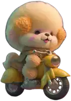a stuffed animal is riding a yellow scooter with its tongue out