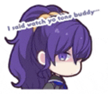 a cartoon girl with purple hair and blue eyes is talking to a buddy .