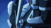 a close up of a robot with a sword