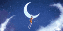 a fairy is flying in the night sky with a crescent moon behind her