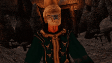 a statue of a man with red eyes and a batman mask