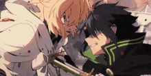 a couple of anime characters are standing next to each other .