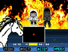 a pixel art drawing of a horse , a skeleton , and a skull standing in front of a fire .