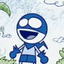 a cartoon character wearing a blue mask and gloves is standing in a field .