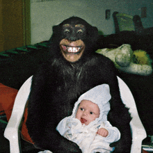 a chimpanzee is holding a baby in a chair
