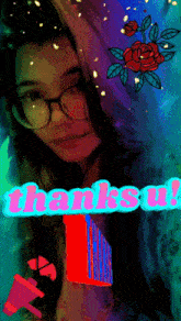 a picture of a girl with glasses and the words thanks u