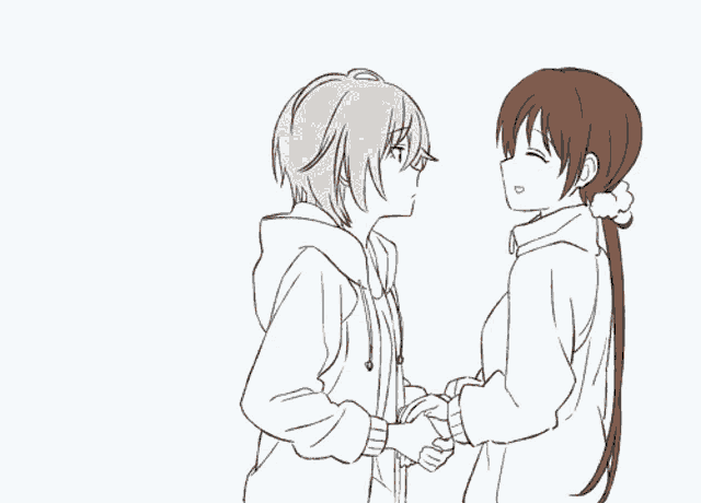 anime boy and girl drawing holding hands